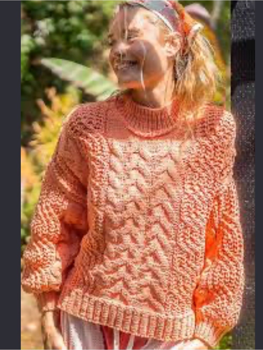 POL Chunky Boho Cable Knit Balloon Sleeve Sweater Orange/Coral Size L